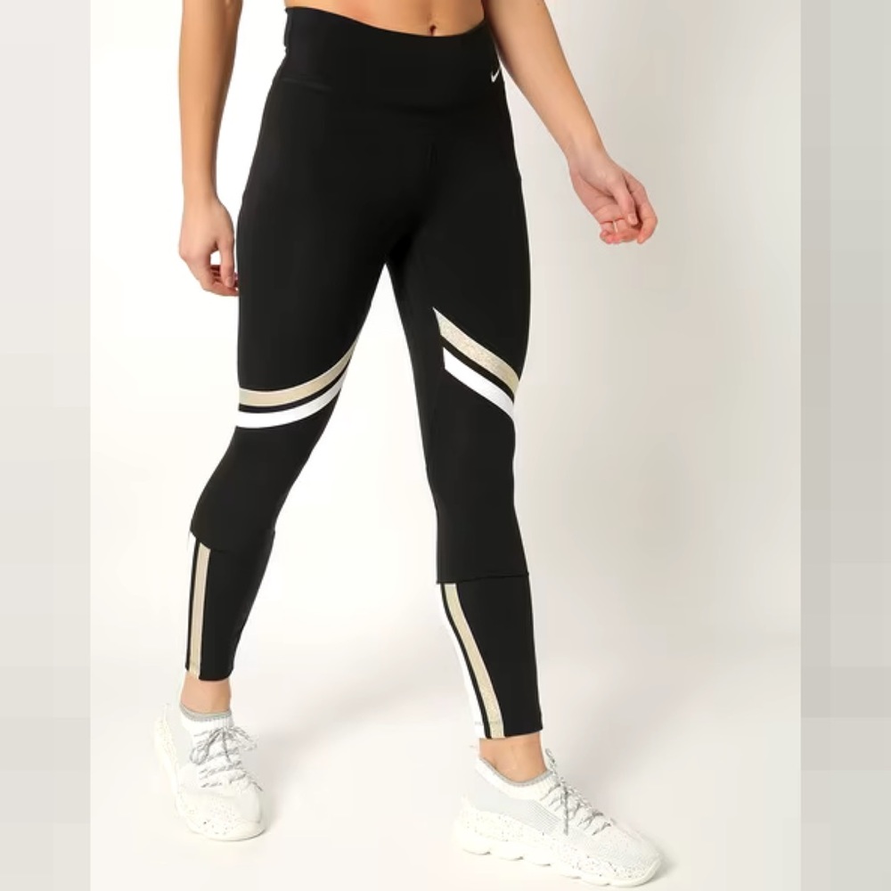 Nike Full Length Black Panelled Leggings with Gold & White Contrast Stripes